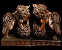 在飛比找Yahoo!奇摩拍賣優惠-【啟秀齋】李松林 對獅木雕作品《雙獅戲球》國家重要民族藝師 