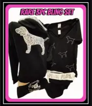 LOT VICTORIA SECRET PINK SWEATSHIRT HOODIE PANTS TEE SHIRT BLING SEQUIN 3PC SET