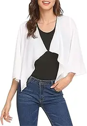 [Vnihaq] Womens Puff Sleeve Bolero Shrugs Cropped Open Front Sheer Mesh Chiffon Cardigans Short Sleeve Shrug for Evening Dressy