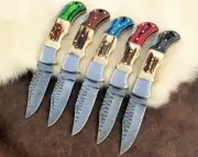 '5' pieces of Damascus Folding Knife, Stag Horn Knife, Pocket Knife, Stag Antler