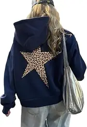 [heyheyshine] Star Graphic Hoodies Oversized Y2k Leopard Print Hooded Sweatshirt Cheetah Hoodie Streetwear Unisex Pullover Tops
