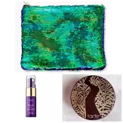 Tarte Green Blue Mermaid Sequin Flip Makeup School Pencil Bag W/2 Trial Sz Items
