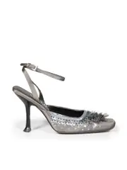 Grey Sequinned Square Toe Heels
