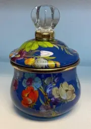 MacKenzie Childs Flower Market Blue Lapis Enameled Metal Lidded Sugar Bowl