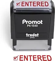 Promot Entered Self Inking Rubber Stamp - Refillable Stampers for Office - Business, Accounting, Bookkeeping, Coding, Legal, Notary, Work, Ordering, Inventory Stamps - Red Ink
