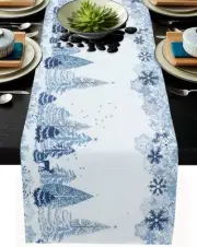 Christmas Table Runner Blue Snowflake Winter White Holiday 13”x108” NIP