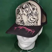 Ed Hardy Tiger Print Black and Cream Trucker Hat Snapback NEW