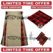 Men's Scottish Hybrid Khaki Cotton Tartan Utility Kilts - Free Accessories