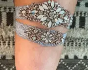 Non-Slip Wedding Garter Set w/Rose Gold Accents & Opal Stones- Dusty Blue Lace