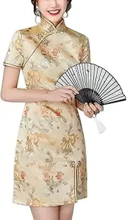 [Generic] Cheongsam Costume Short Sleeve Side Slit Floral Print Mandarin Collar Vintage Chinese Evening Mini Bodycon Cocktail Outfit