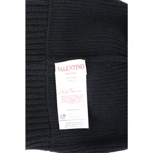 VALENTINO 草寫字母毛球反摺針織羊毛帽(深藍色)