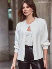 Sosandar White Pearl Embellished Trim Cardigan (190868) | $150