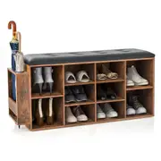 Costway Industrial Shoe Cabinet Bench 10 Cube Shoe Rack Storage Shelf w/Cushion & Umbrella Holder