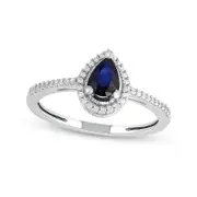 Pear-Shaped Blue Sapphire and 0.10 CT. T.W. Natural Diamond Frame Antique Vintage-Style Ring in Solid 10K White Gold