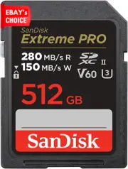 512GB Extreme PRO SDXC V60 Memory Card 280MB/s 6K 4K UHD UHS-II Class 10 U3 Wate