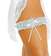 [LR Bridal] Blue Lace Wedding Bridal Garter with Rhinestone Satin Bow for Brides