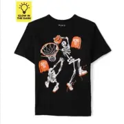 Boys Childrens Place M 7-8 Black SS T-Shirt Glow In Dark Skeleton Basketball Tee