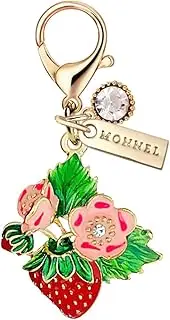 [Monnel] MC511 Little Red Strawberry with Flowers Leaves Lobster Clasp Charm for Women with Velvet Bag (Pink,1 Piece), 3 cm (L) X 0.7 cm (W) X3.7 cm (H), Zinc Alloy Metal Rhinestone Crystal Enamel