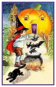 Vintage Halloween Scene # 300 Boy Pumpkin Cauldron Counted Cross Stitch Pattern