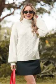 Cupshe White Cable Knit Long Sleeve Turtleneck Sweater - White,L