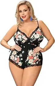 [YZMJYMHS] Women's Exotic Sleepwear & Robe Sets Ladies Large Size Homewear Printed Sling One-Piece Sexy Deep V Elastic Pajamas