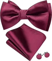 [Barry.Wang] Men's Paisley Silk Pre-tied Bow Tie Set Pocket Square and Cufflinks for Weddings and Formal Events, Wine Red, One Size