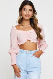 Pink Shirred Top Long Sleeve Crop - Size 14, Women's Crop Top