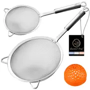 Stainless Steel Strainer Set, 1 Large Pasta & Rice Strainer for Kitchen + 1 Small Fine Mesh Strainer with Handle + 1 Silicone Can Strainer, Flour Sifter for Baking, Kitchen Strainer Fine Mesh (SS)