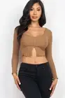 Ribbed Long Sleeve Top with Button Front and Split Hem