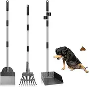 Dog Pooper Scooper, Adjustable Handle Poop Scooper with Tray,Rake and Spade Set of 3, Steel Stainless Poop Scoop for Small Medium Dogs and Pet Waste on Grass, Dirt and Gravel (Medium)