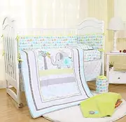 Sweet Baba Luxury Elephant Crib Bedding Set for Boys-Blue/Green/Grey,4 Piece Set Includes Quilt,Fitted Sheet,Crib Skirt,Blanket,100% Soft Natural Cotton Baby Nursery Set- Neutral Forest Theme