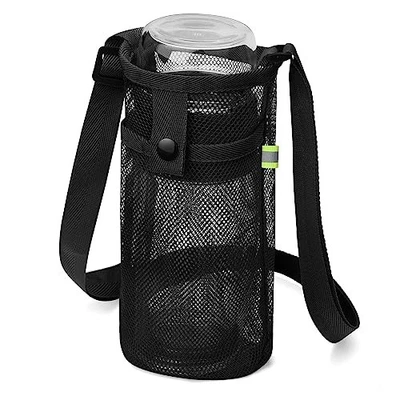 Water Bottle Bag with Strap, Mesh Water Bottle Holder Crossbody Small Black