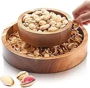 Tioncy Round Acacia Pistachio Snack Bowl Pistachio Bowl with Shell Storage Magnetic Hold Double Layer Pistachio Bowl with Shell Holder for Pistachios Sunflower Seeds and Snack