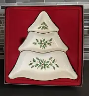 LENOX Tree Three Divided 9-3/4" Server Dish Gold Trim Holly Dimension Collection