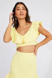 Yellow Plunge Crop Top Ruffle Shoulders - Size 14, Women's Crop Top