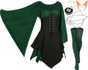 Morakot 5 Pcs Women Renaissance Medieval Dress Fairy Elf Traditional Irish Viking Costume Elf Ear for Halloween Cosplay Party Green and Black Small
