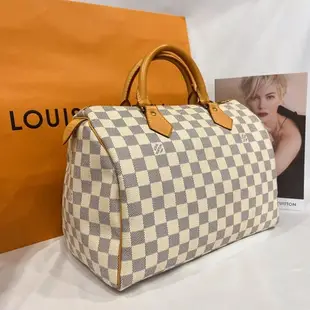 [二手] Louis Vuitton LV 白色棋盤格Speedy波士頓30公分手提包/斜背包