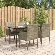 5 Piece Garden Dining Set with Cushions Black and Grey Poly Rattan, Conversation Sets