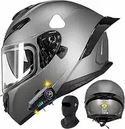 Motorcycle Helmet Flip-Up Modular Helmets with Bluetooth Helmet, DOT/ECE Certified Full Face Helmet Scooter Helmet Crash Helmet Double Anti-Fog Visors Ideal for Men Women H,L=57-58CM