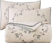 vctops 3-Piece Elegant Floral Embroidered Bedspread Coverlet Set Oversize Queen 100% Cotton Reversible Patchwork 1 Quilt and 2 Pillow Shams (Flower B,Oversize Queen)