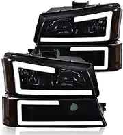 G-PLUS LED Headlights, Compatible with 2003-2006 Chevy Avalanche 1500 2500/Silverado 1500 2500 3500 & HD Models Headlamp, Driver Side & Passenger Side, Smoky lens Black Housing Amber Reflector