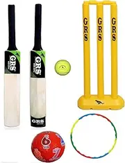 GRS Kids Zone Popular Willow Cricket Bat with Wicket Set + 1 Football + 1 HulaHope & 1 Tennis Ball for Kids (Size 3, Age 6-10 Year Old Kids), Wood