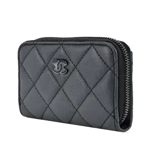 CHANEL 經典雙C LOGO菱格紋小羊皮拉鍊零錢包(黑色)