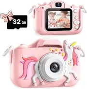 ZONEY Kids Camera, 40MP 1080P HD Children Digital Video Camera with Cute Silicone Cover, Rechargable Video Recorder with 32G SD Card, witth Games for Boys Girls Gift (Pink Unicorn2)