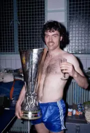 John Wark of Ipswich Town holding the UEFA Cup in the dressing ro - Old Photo