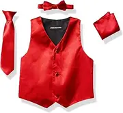 [Alexis Bendel] AXNY a.x.n.y Boys' 4 Piece Formal Set Combo with Tuxedo Vest, Bow Tie, and Handkerchief, Red, 6