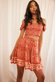 Red Mini Skirt High Waisted Skater Elastic Band Tiered - Size 14, Women's Skater Skirt