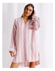 [Chloe & Lola] Divine Cheesecloth Mandarin Oversized Nightshirt in Terracotta Stripe Print