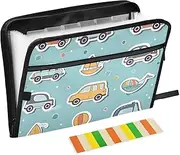 Quteprint 13 Pockets Expanding File Folder with Zipper Closure, Cute Cars Vehicles Accordion File Folder with Sticky Labels, Letter Size A4 Papers Expandable File Document Organizer