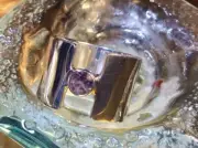 Genuine 925 Sterling Silver Amethyst Gemstone Wide Band Ring Size 10